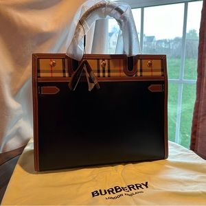 Burberry Leather and Vintage Check Medium Title Bag